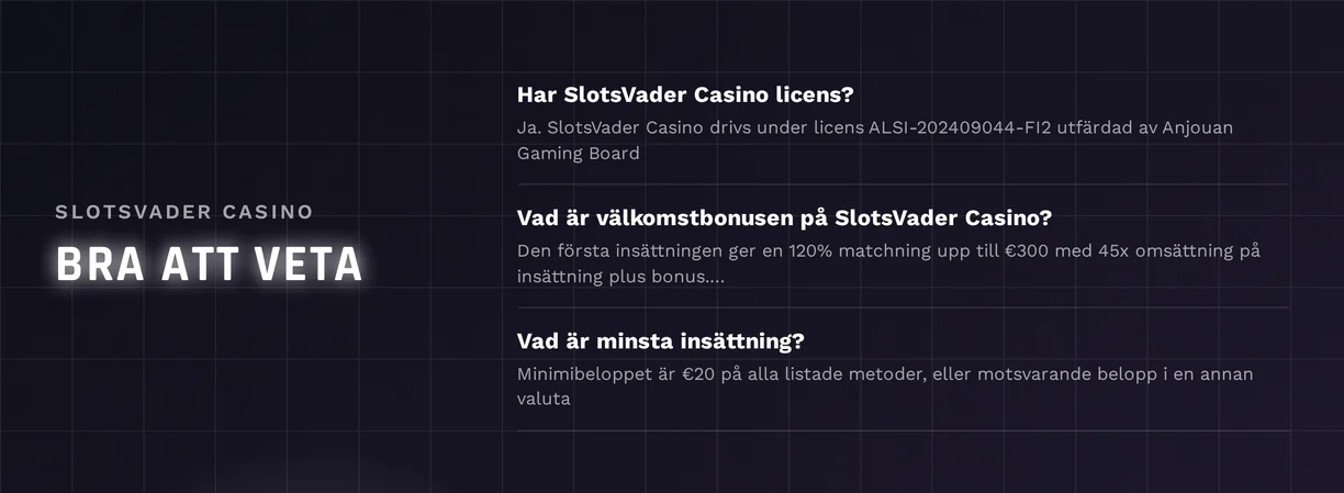 SlotsVader Casino vanliga frågor om licens, bonus och insättning